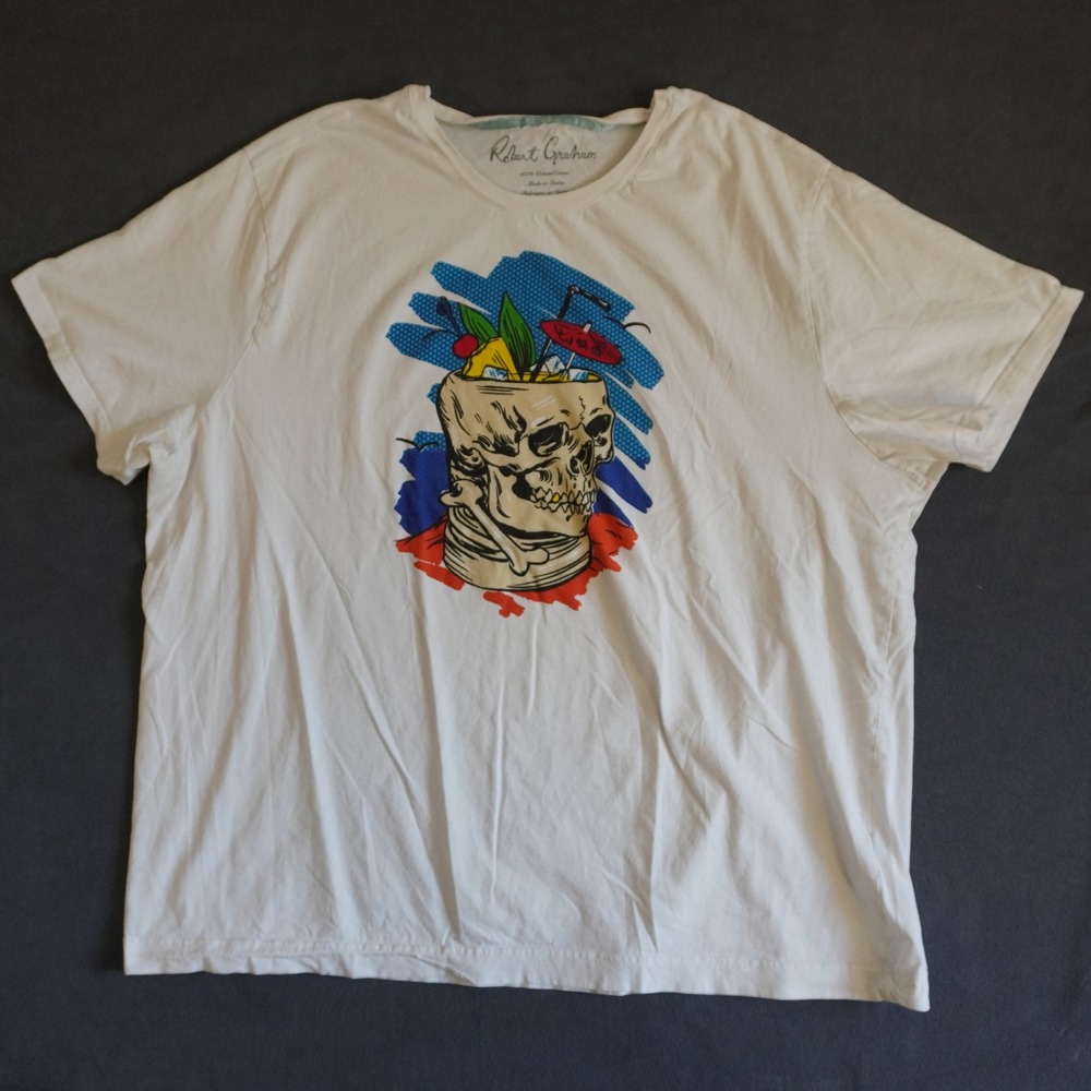 Robert Graham Mens 2XL White Skull Tiki Cocktail Graphic T-Shirt Cotton Short